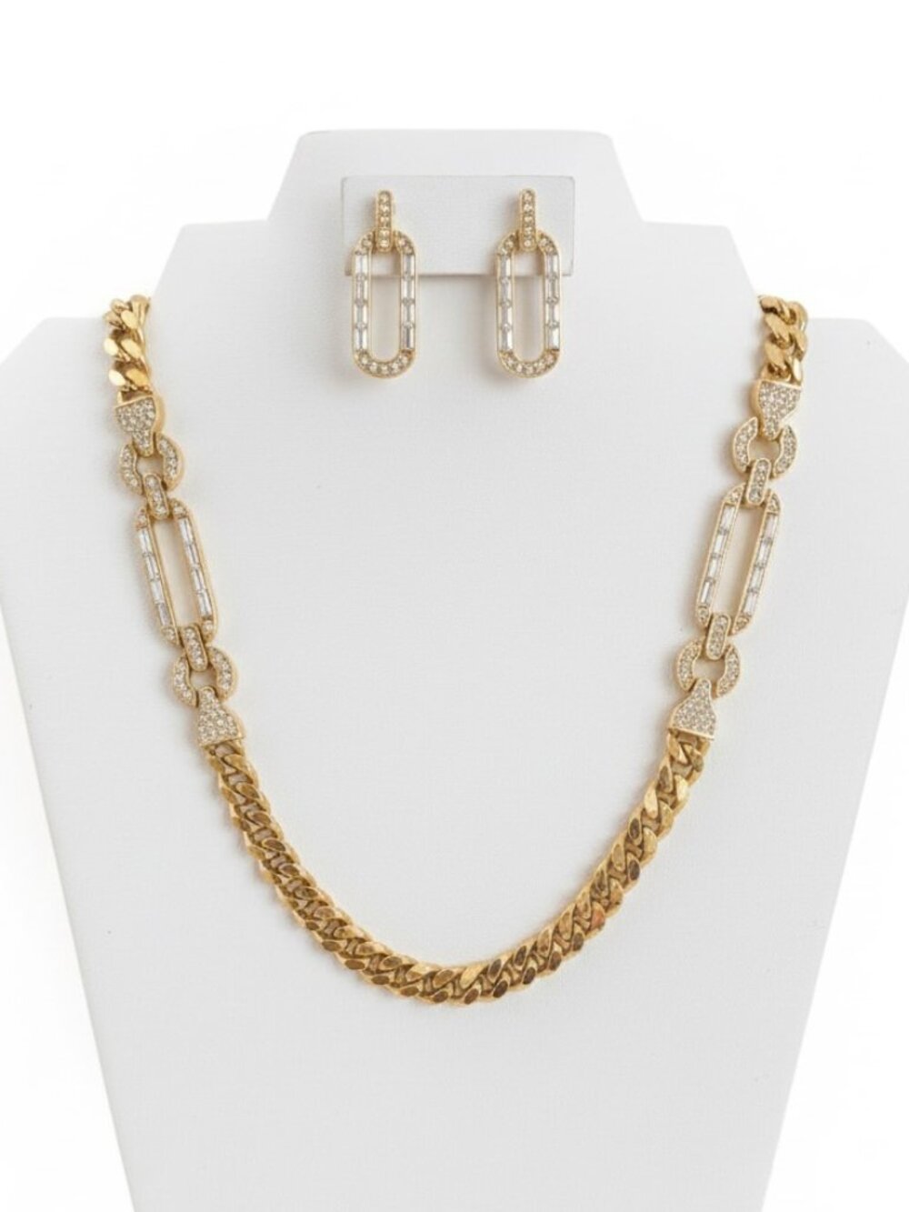Chunky Gold and Rhinestone Necklace and Pierced Earring Set - Picture 2 of 7